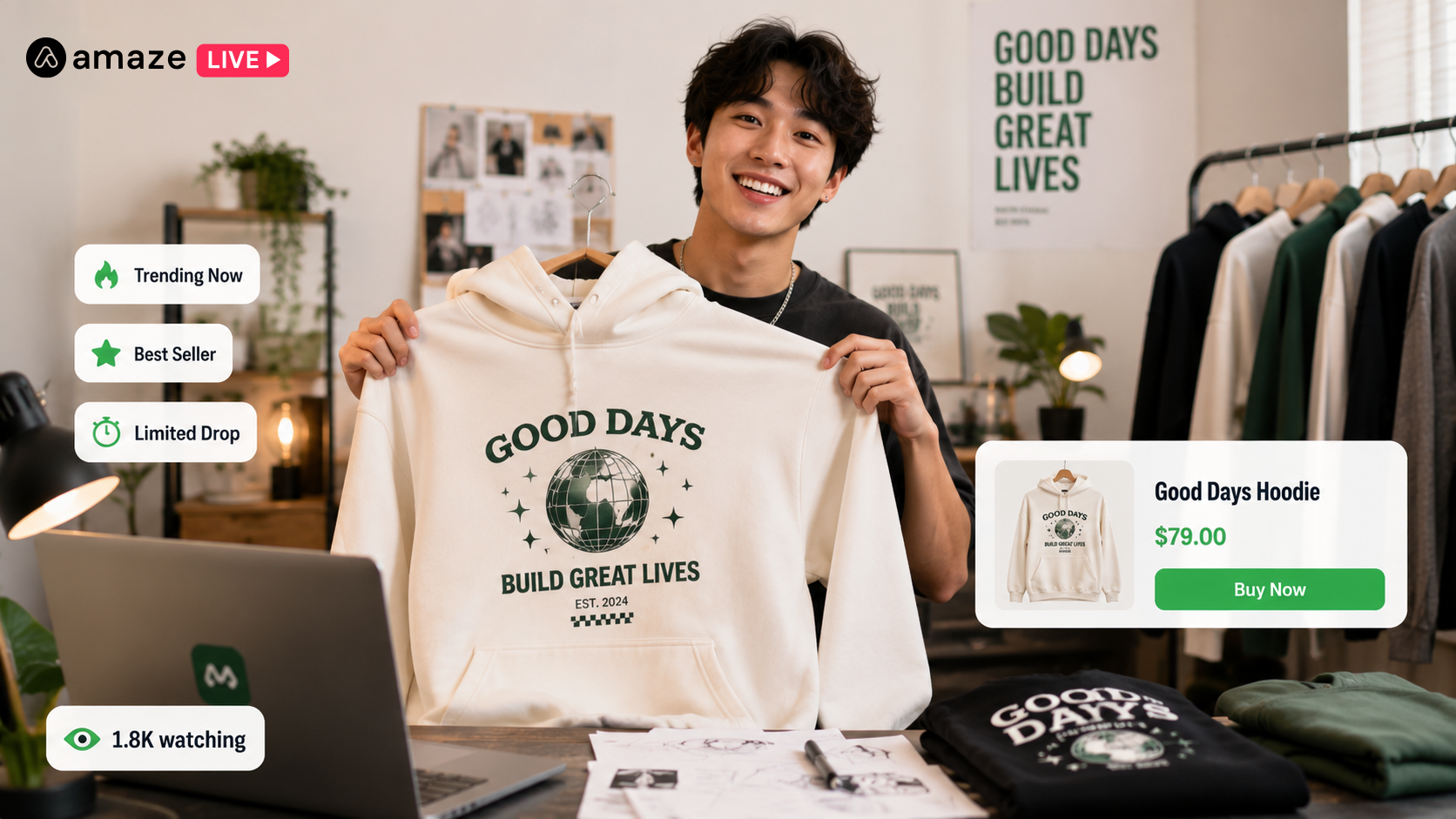 Live commerce stream on Amaze Live showing a creator showcasing an on-demand pop culture hoodie with interactive shoppable product layers and a Buy Now button.